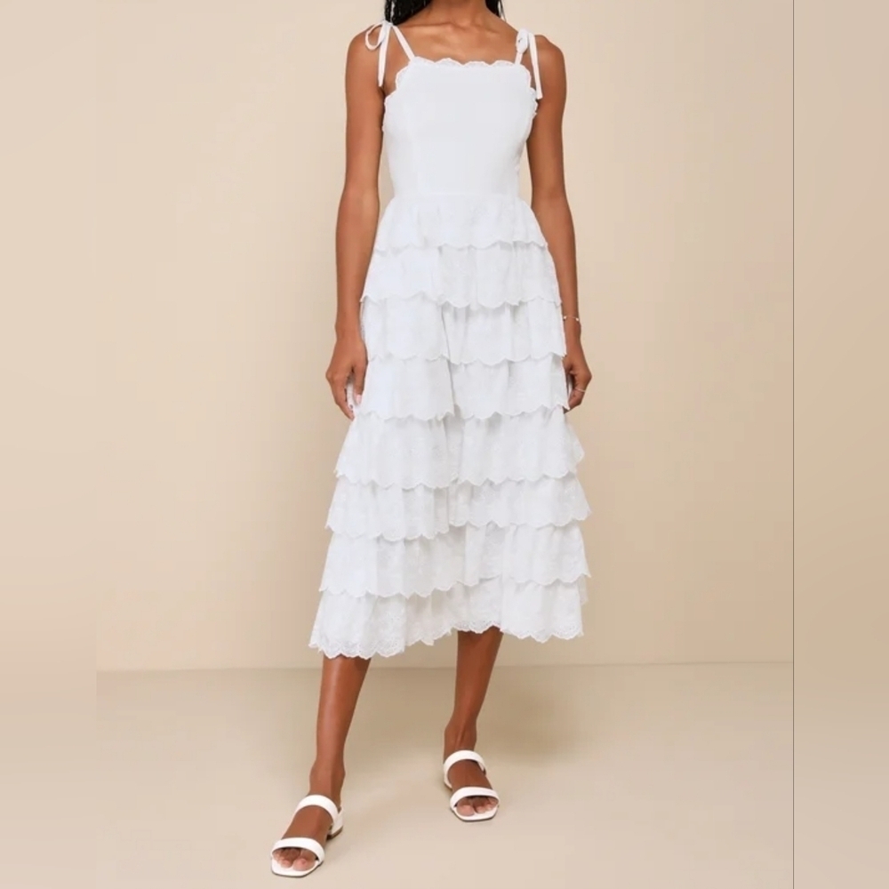 Lulus Endlessly Ideal White Eyelet Embroidered Tiered Midi Dress, Size XS